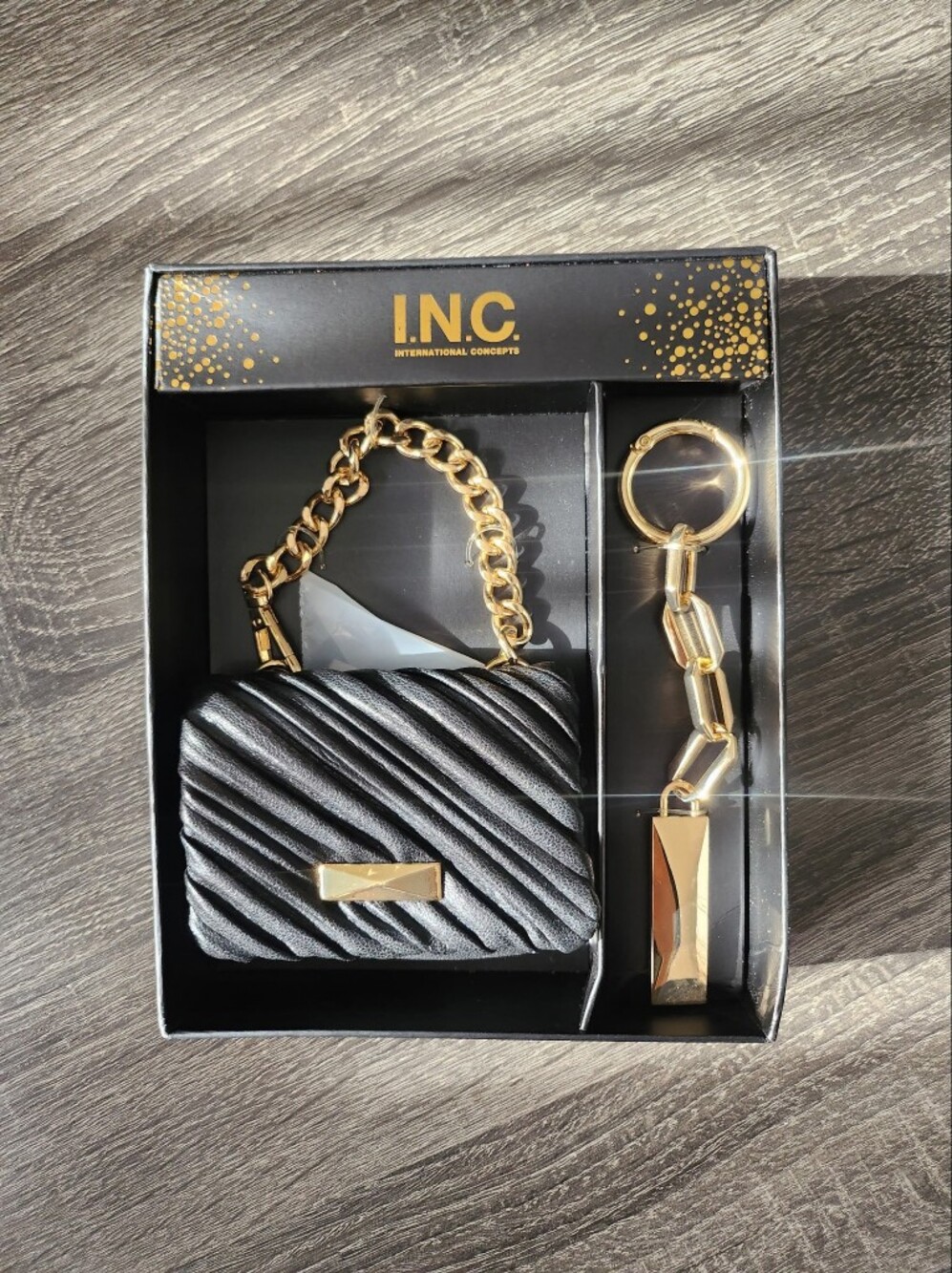 INC International Concepts Black Textured Mini Card Holder with Gold Chain
